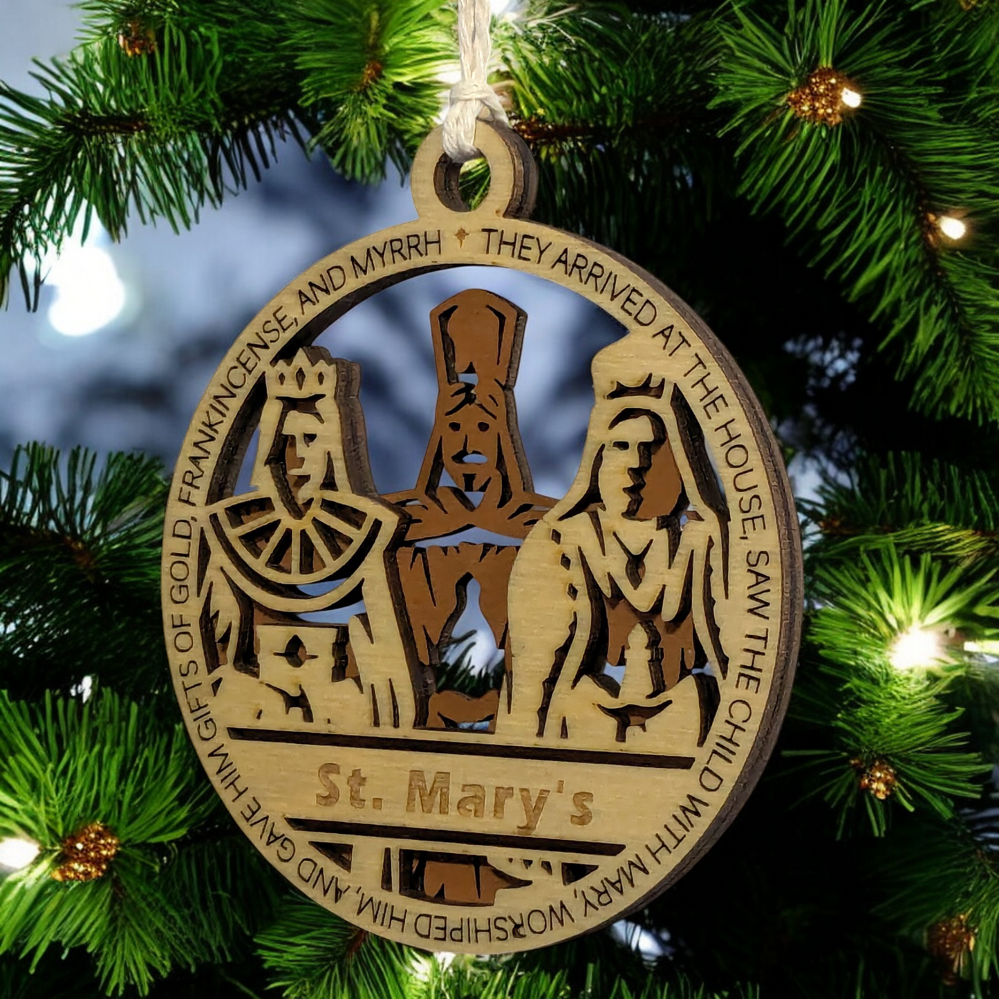 Handcrafted 3.5" Round Wooden Christmas Ornament, 2-Layer Laser Cut Design, Natural & Stained Wood, Featuring Matthew 2:11 & Three Wise Men Scene, Personalizable Text Space, Made in USA