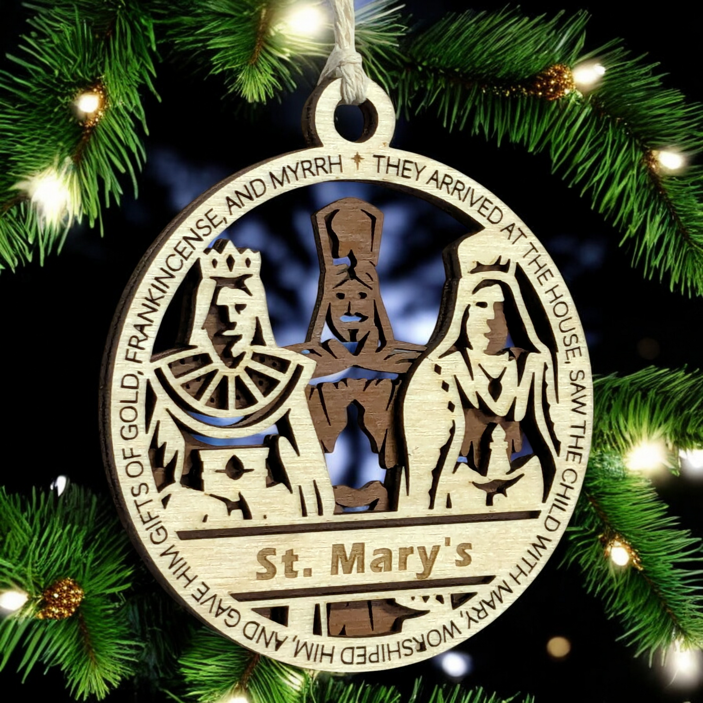 Handcrafted 3.5" Round Wooden Christmas Ornament, 2-Layer Laser Cut Design, Natural & Stained Wood, Featuring Matthew 2:11 & Three Wise Men Scene, Personalizable Text Space, Made in USA