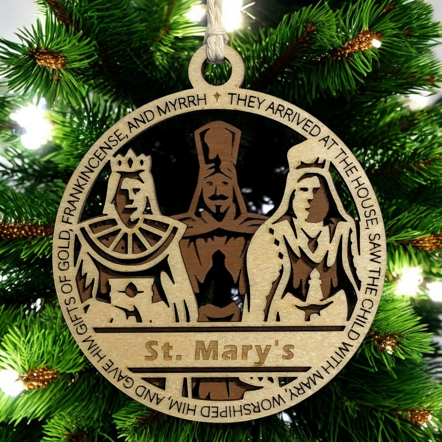 Handcrafted 3.5" Round Wooden Christmas Ornament, 2-Layer Laser Cut Design, Natural & Stained Wood, Featuring Matthew 2:11 & Three Wise Men Scene, Personalizable Text Space, Made in USA