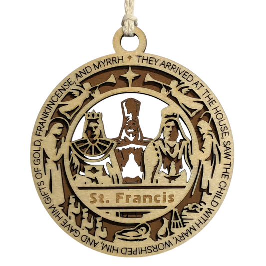Handcrafted 3.5" Round Wooden Christmas Ornament, 2-Layer Laser Cut Design, Featuring Matthew 2:11 & Three Wise Men Scene, Personalizable Space, USA Made, Perfect Christian Holiday Decor Gift