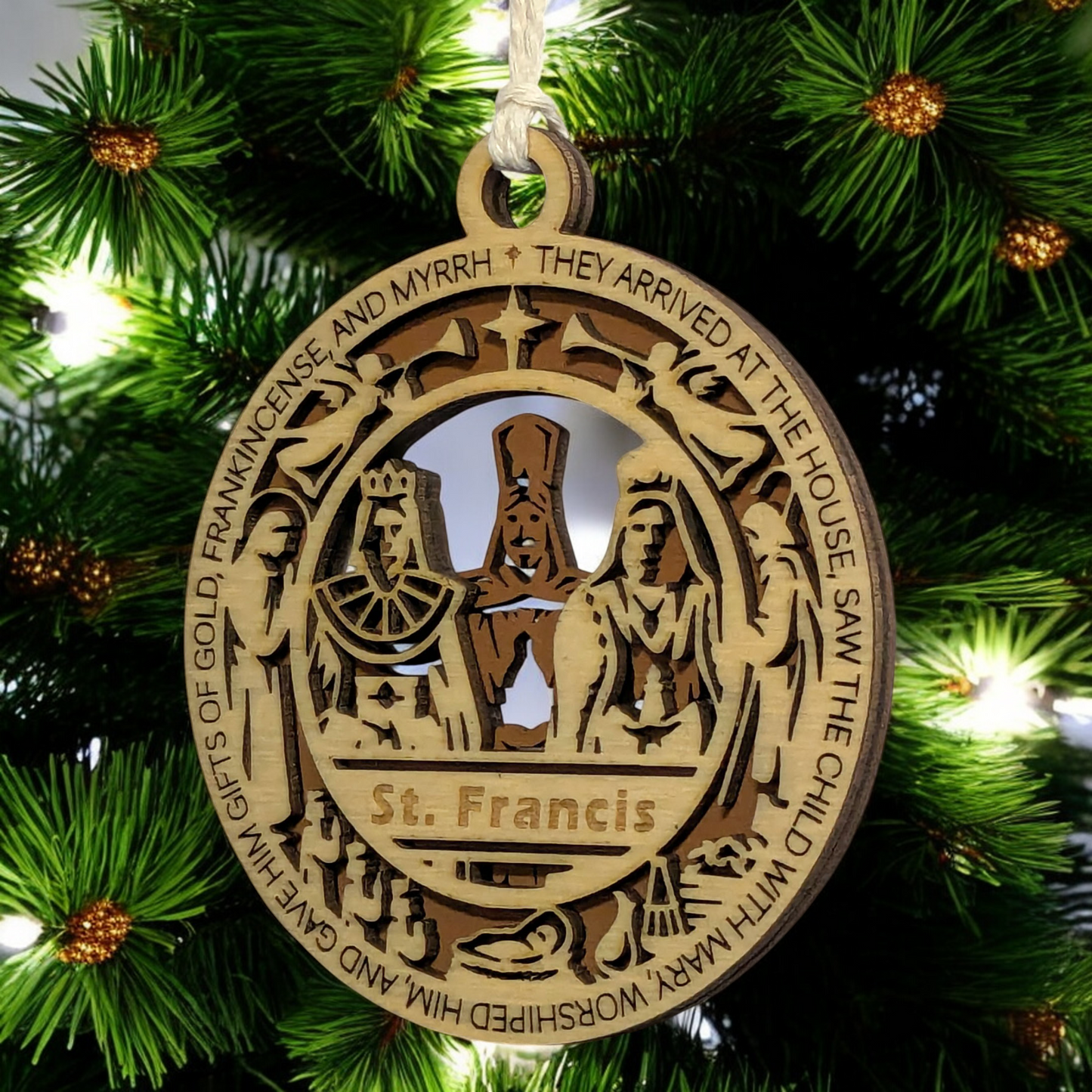 Handcrafted 3.5" Round Wooden Christmas Ornament, 2-Layer Laser Cut Design, Featuring Matthew 2:11 & Three Wise Men Scene, Personalizable Space, USA Made, Perfect Christian Holiday Decor Gift