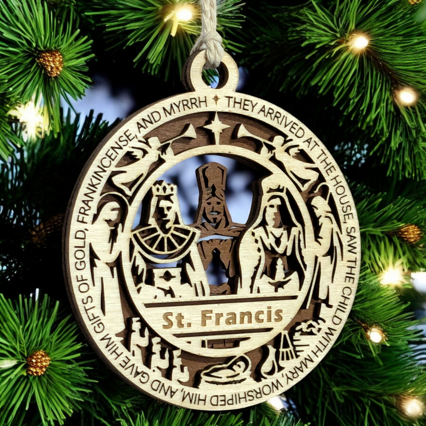 Handcrafted 3.5" Round Wooden Christmas Ornament, 2-Layer Laser Cut Design, Featuring Matthew 2:11 & Three Wise Men Scene, Personalizable Space, USA Made, Perfect Christian Holiday Decor Gift