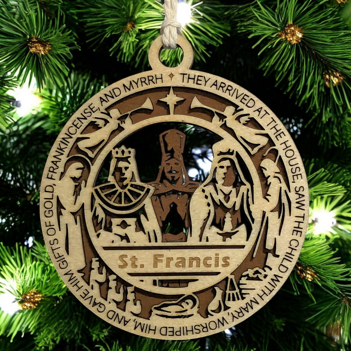 Handcrafted 3.5" Round Wooden Christmas Ornament, 2-Layer Laser Cut Design, Featuring Matthew 2:11 & Three Wise Men Scene, Personalizable Space, USA Made, Perfect Christian Holiday Decor Gift