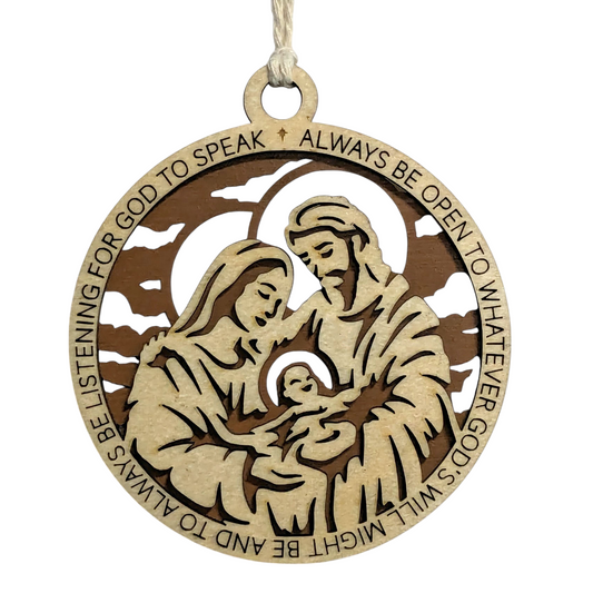 Handcrafted 3.5" Round Wooden Christmas Ornament, 2-Layer Laser Cut Design, Natural & Stained Wood, Featuring Proverbs 3:6, Mary, Joseph & Baby Jesus Scene, Made in USA, Perfect Holiday Decor Gift