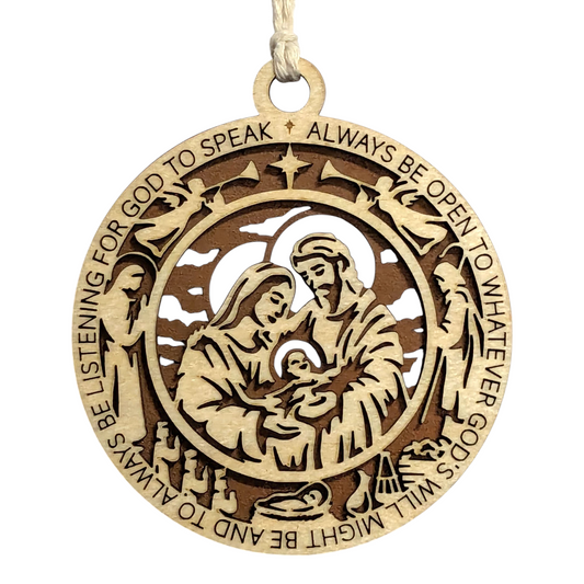 Handcrafted 3.5" Round Wooden Christmas Ornament, 2-Layer Laser Cut, Natural & Stained, Featuring Proverbs 3:6, Nativity Scene with Mary, Joseph, Baby Jesus, Angels, Wise Men, Made in USA
