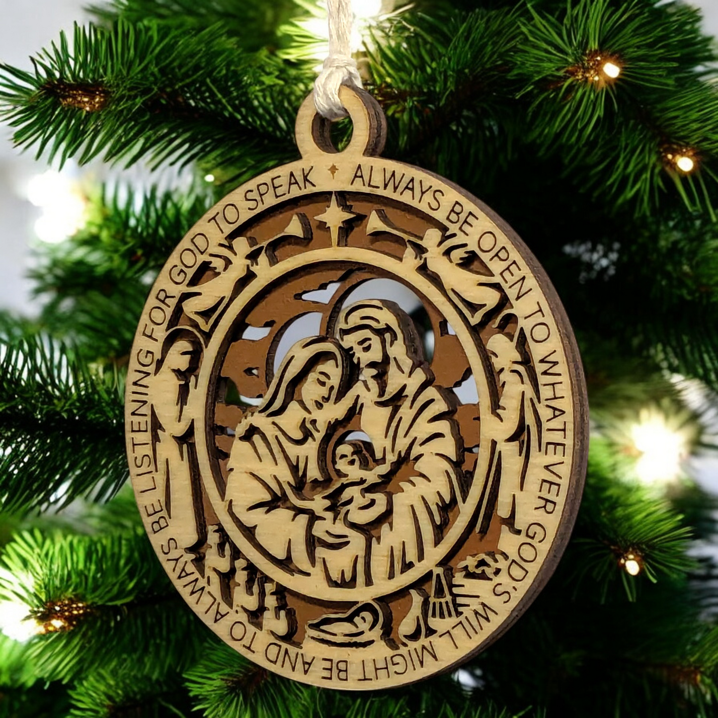 Handcrafted 3.5" Round Wooden Christmas Ornament, 2-Layer Laser Cut, Natural & Stained, Featuring Proverbs 3:6, Nativity Scene with Mary, Joseph, Baby Jesus, Angels, Wise Men, Made in USA