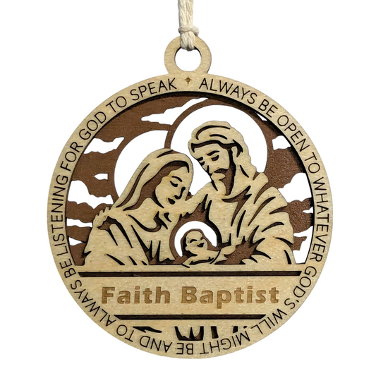 Handcrafted 3.5" Round Wooden Christmas Ornament, Laser Cut 2-Layer Design, Natural & Stained Wood, Featuring Proverbs 3:6, Mary, Joseph & Baby Jesus Scene, Personalizable, Made in USA