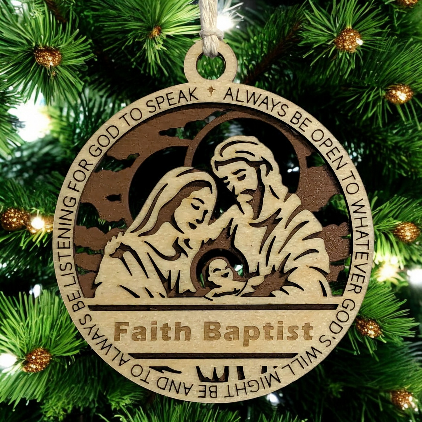 Handcrafted 3.5" Round Wooden Christmas Ornament, Laser Cut 2-Layer Design, Natural & Stained Wood, Featuring Proverbs 3:6, Mary, Joseph & Baby Jesus Scene, Personalizable, Made in USA
