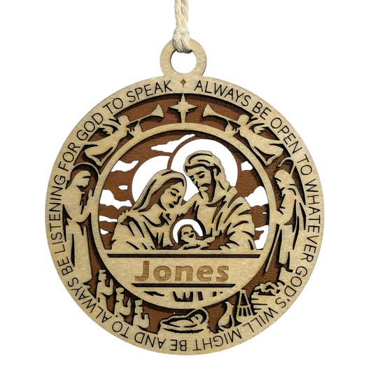 Handcrafted 3.5" Wooden Christmas Ornament, 2-Layer Laser Cut, Proverbs 3:6, Nativity Scene, Personalized Text Space, Christian Icons, USA Made, Perfect Holiday Gift, Unique Decor
