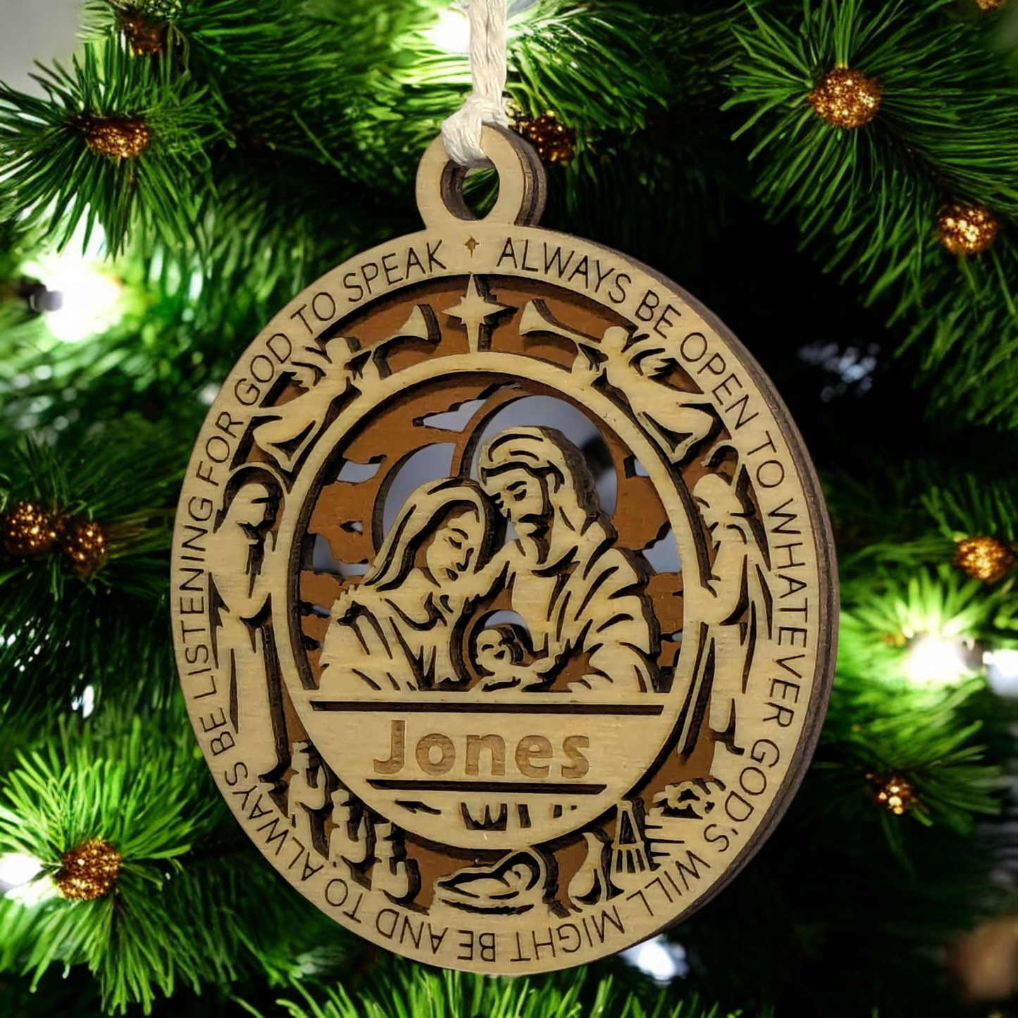 Handcrafted 3.5" Wooden Christmas Ornament, 2-Layer Laser Cut, Proverbs 3:6, Nativity Scene, Personalized Text Space, Christian Icons, USA Made, Perfect Holiday Gift, Unique Decor