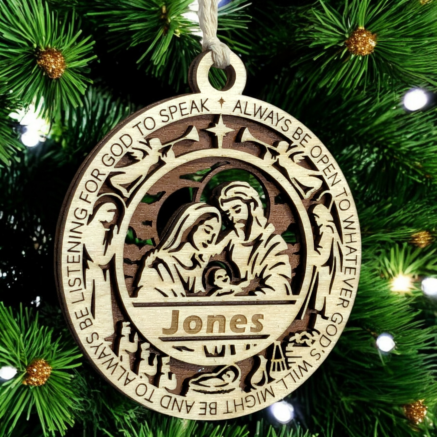 Handcrafted 3.5" Wooden Christmas Ornament, 2-Layer Laser Cut, Proverbs 3:6, Nativity Scene, Personalized Text Space, Christian Icons, USA Made, Perfect Holiday Gift, Unique Decor