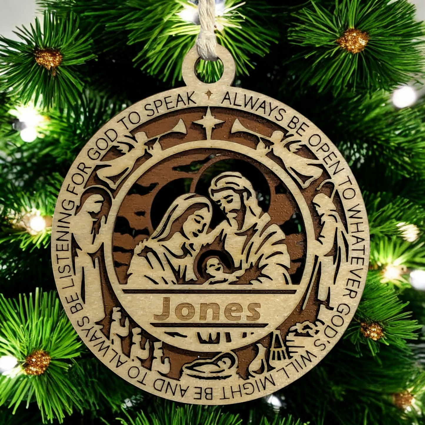 Handcrafted 3.5" Wooden Christmas Ornament, 2-Layer Laser Cut, Proverbs 3:6, Nativity Scene, Personalized Text Space, Christian Icons, USA Made, Perfect Holiday Gift, Unique Decor