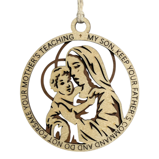 Handcrafted 3.5" Round Wooden Christmas Ornament - 2 Layer Laser Cut Design - Natural & Stained Wood - Christmas Story Theme with Mary & Baby Jesus - Proverbs 6:20 Verse - Made in USA - Perfect Gift