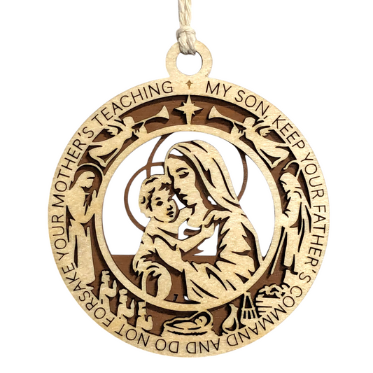 Handcrafted 3.5" Round Wooden Christmas Ornament, 2-Layer Laser Cut, Natural & Stained, Featuring Mary & Baby Jesus, Proverbs 6:20, Christian Icons, Made in USA, Perfect Holiday Decor Gift