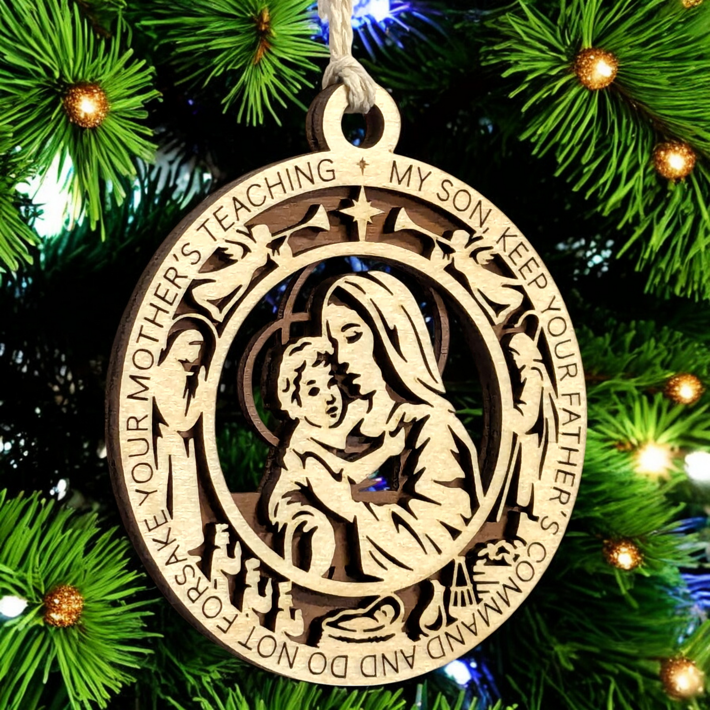 Handcrafted 3.5" Round Wooden Christmas Ornament, 2-Layer Laser Cut, Natural & Stained, Featuring Mary & Baby Jesus, Proverbs 6:20, Christian Icons, Made in USA, Perfect Holiday Decor Gift