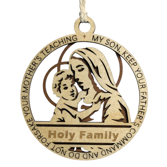 Handcrafted 3.5" Round Wooden Christmas Ornament, 2-Layer Laser Cut Design, Natural & Stained Wood, Featuring Mary & Baby Jesus, Proverbs 6:20, Personalizable, Made in USA, Perfect Holiday Gift