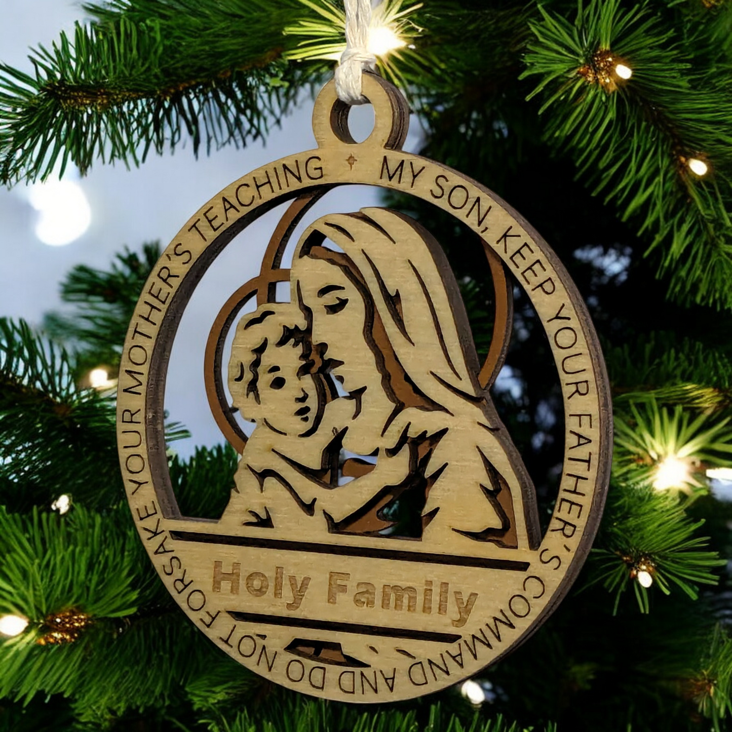Handcrafted 3.5" Round Wooden Christmas Ornament, 2-Layer Laser Cut Design, Natural & Stained Wood, Featuring Mary & Baby Jesus, Proverbs 6:20, Personalizable, Made in USA, Perfect Holiday Gift