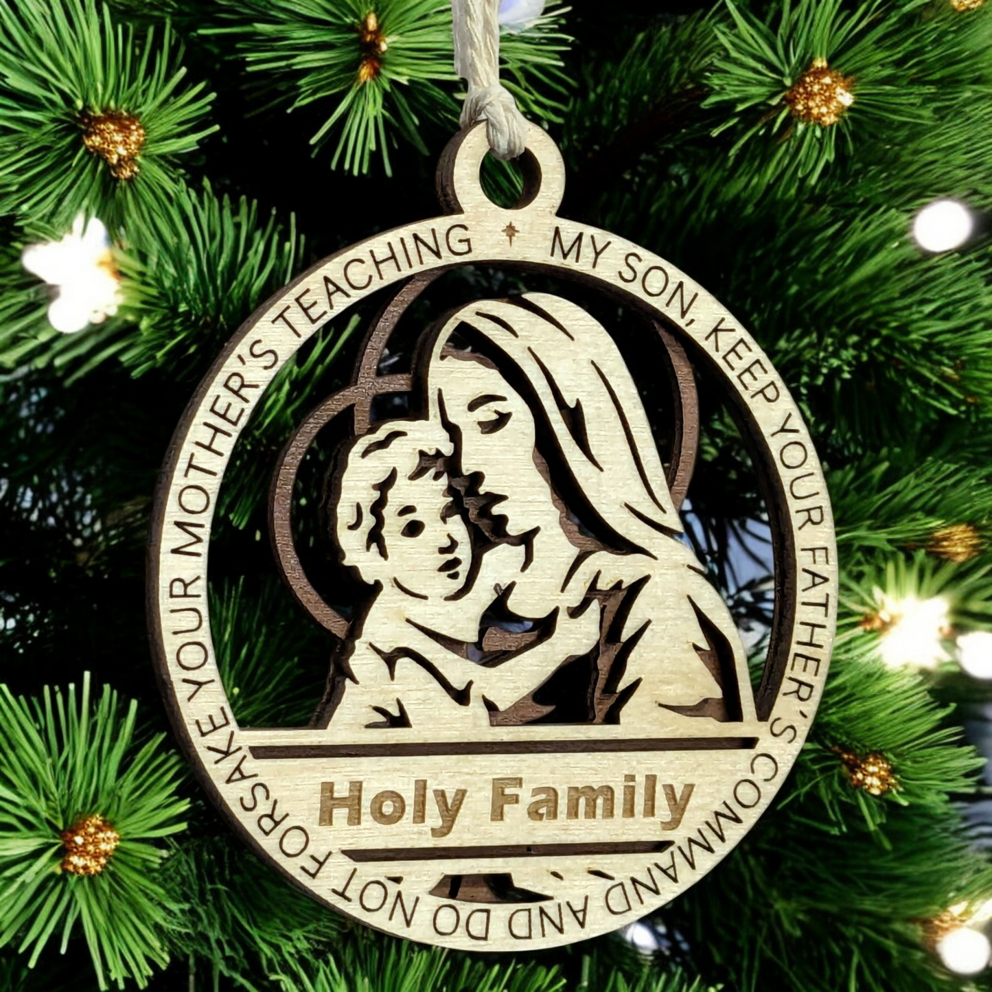 Handcrafted 3.5" Round Wooden Christmas Ornament, 2-Layer Laser Cut Design, Natural & Stained Wood, Featuring Mary & Baby Jesus, Proverbs 6:20, Personalizable, Made in USA, Perfect Holiday Gift