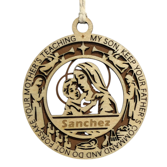 Handcrafted 3.5" Wooden Christmas Ornament, 2-Layer Laser Cut, Proverbs 6:20, Mary & Baby Jesus Scene, Christian Icons, Personalized Text Space, Made in USA, Perfect Holiday Gift, Unique Decor