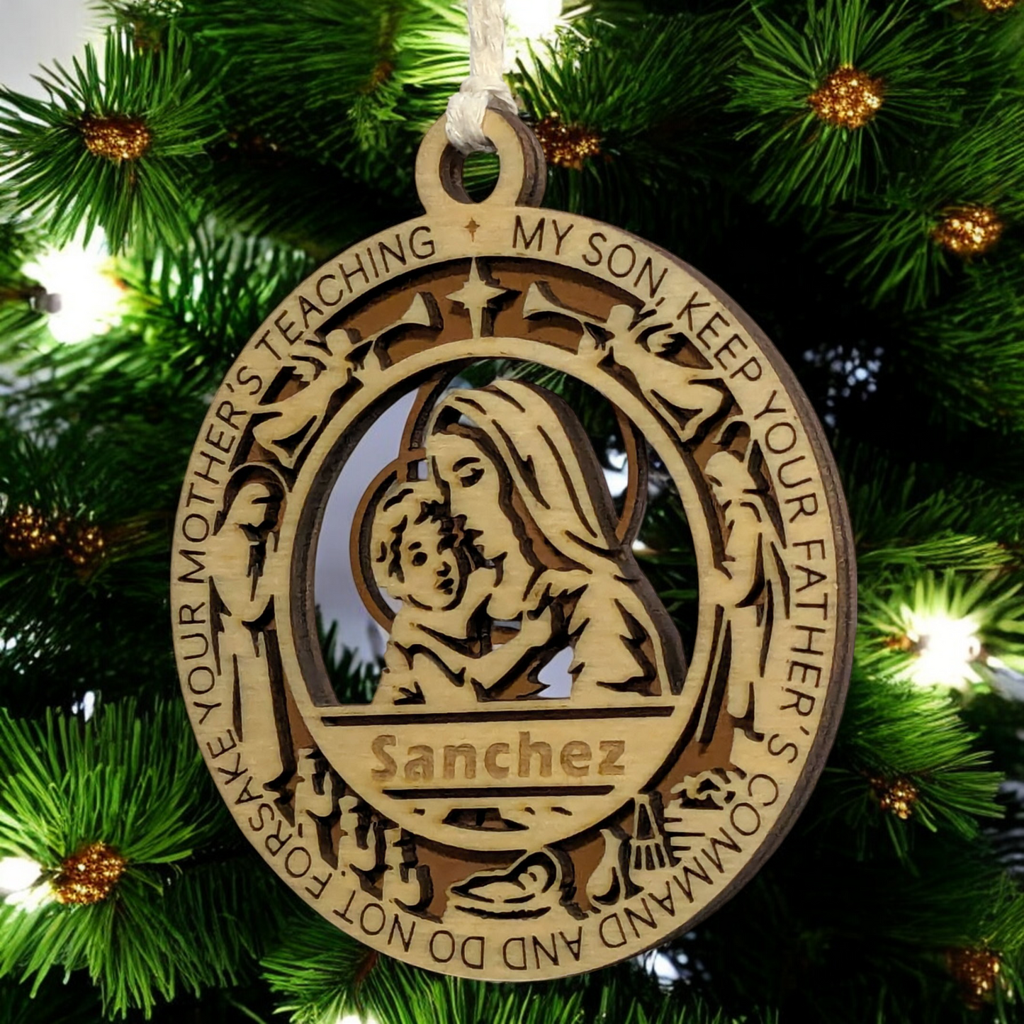 Handcrafted 3.5" Wooden Christmas Ornament, 2-Layer Laser Cut, Proverbs 6:20, Mary & Baby Jesus Scene, Christian Icons, Personalized Text Space, Made in USA, Perfect Holiday Gift, Unique Decor