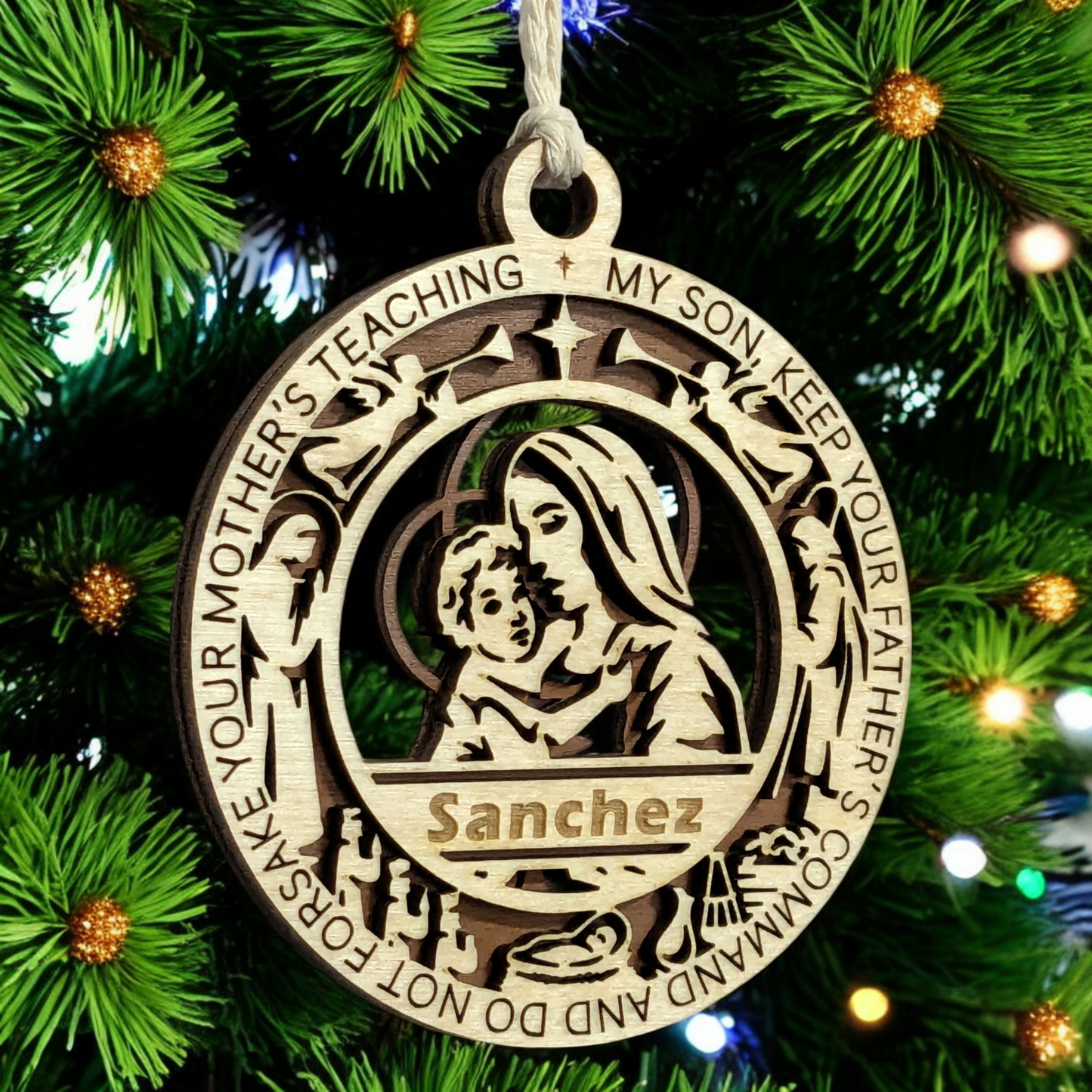 Handcrafted 3.5" Wooden Christmas Ornament, 2-Layer Laser Cut, Proverbs 6:20, Mary & Baby Jesus Scene, Christian Icons, Personalized Text Space, Made in USA, Perfect Holiday Gift, Unique Decor