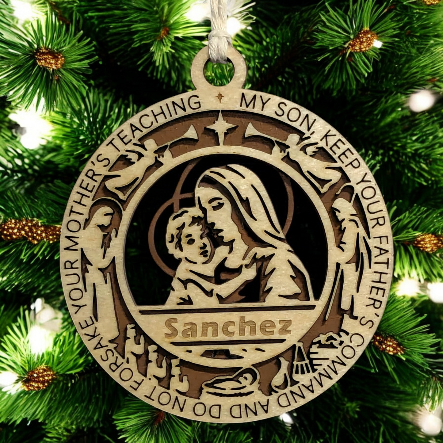 Handcrafted 3.5" Wooden Christmas Ornament, 2-Layer Laser Cut, Proverbs 6:20, Mary & Baby Jesus Scene, Christian Icons, Personalized Text Space, Made in USA, Perfect Holiday Gift, Unique Decor