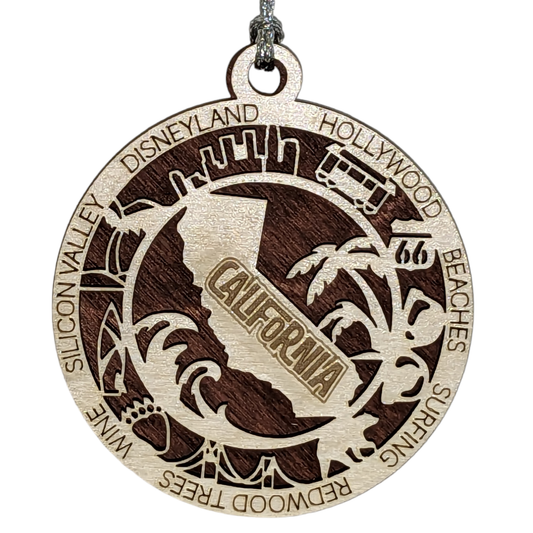 California State Pride 3D Wood Laser Cut Ornament: Featuring Iconic California Symbols and Custom Background Colors