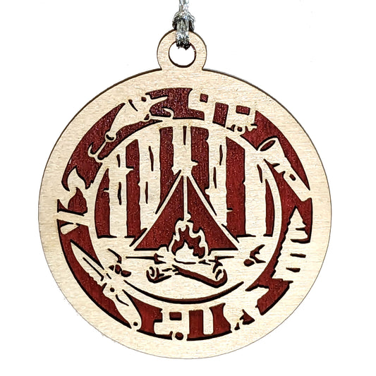 Camping laser cut wood ornament