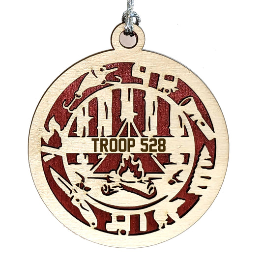 Camping laser cut personalized wood ornament