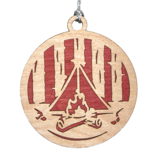 Camping laser cut wood ornament