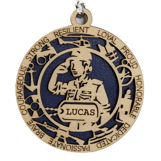 Personalized Female Coast Guard Wooden Ornament - 3" 2-Layer Design with Military Icons - Handcrafted in USA