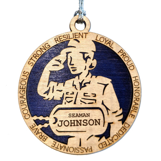 Female Coast Guard Christmas Ornament - 3" Wooden Laser Cut with Custom Dog Tags - Women in Military Gift - USA Made