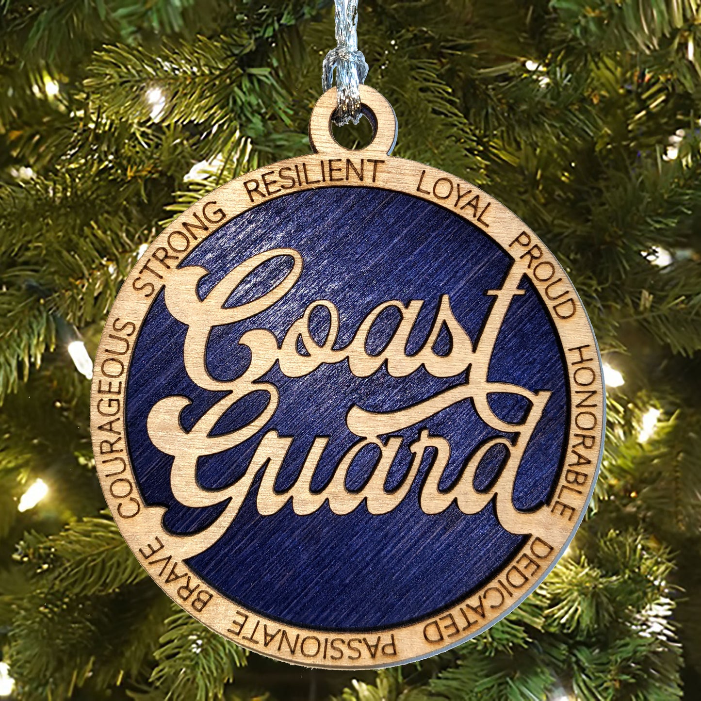 Handcrafted Coast Guard Christmas Ornament - 3" Wooden Laser Cut Decoration - Patriotic Military Gift - Made in USA