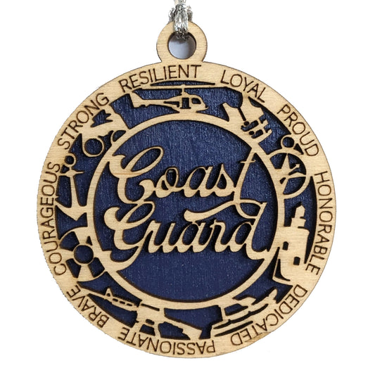 Coast Guard Christmas Ornament - 3" Wooden Laser Cut with Icons - Patriotic Military Gift - Handcrafted in USA
