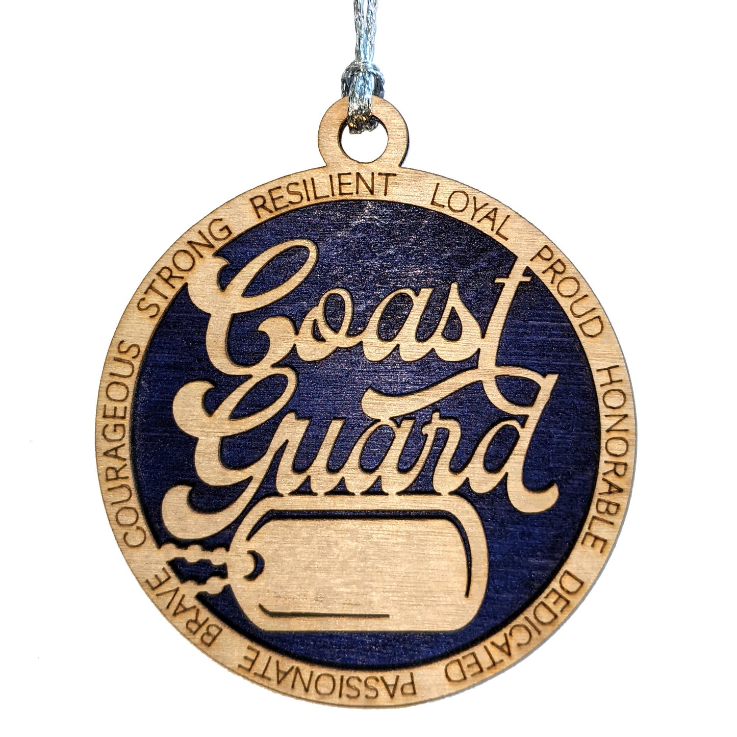 Custom Coast Guard Wooden Ornament - 3" Christmas Decoration with Engraved Dog Tags - Handcrafted in Oregon, USA