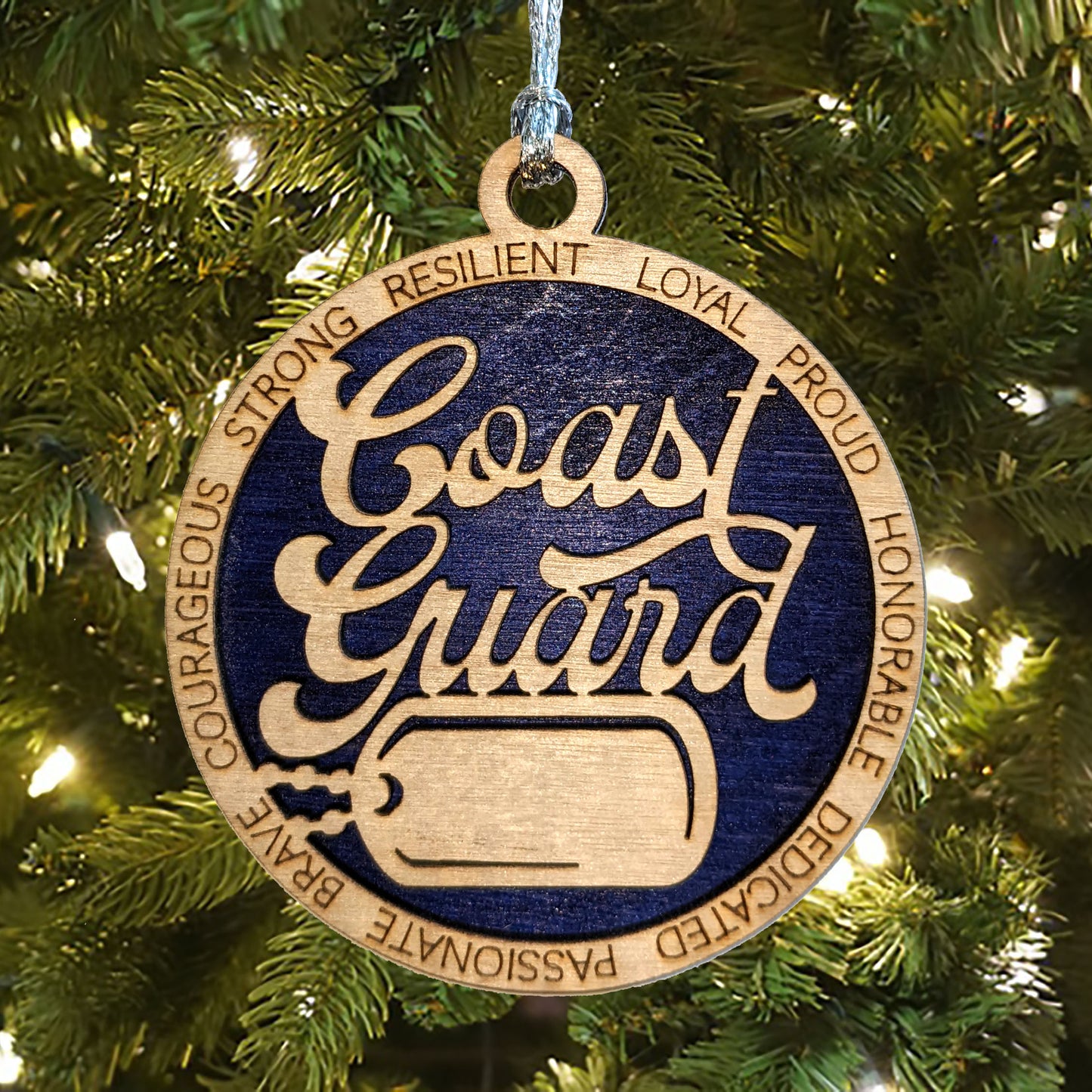 Custom Coast Guard Wooden Ornament - 3" Christmas Decoration with Engraved Dog Tags - Handcrafted in Oregon, USA