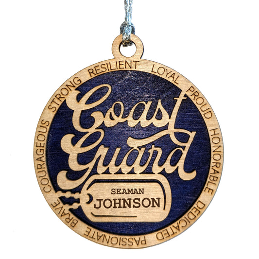 Custom Coast Guard Wooden Ornament - 3" Christmas Decoration with Engraved Dog Tags - Handcrafted in Oregon, USA