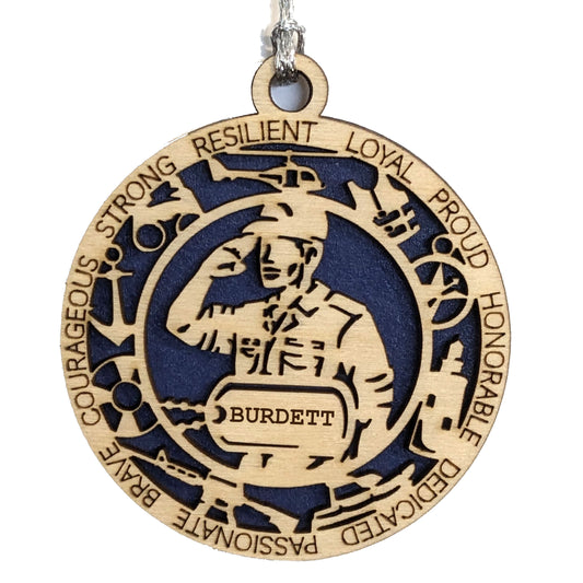 Male Coast Guard Christmas Ornament - 3" Wooden Laser Cut with Custom Dog Tags - Men in Military Gift - USA Made