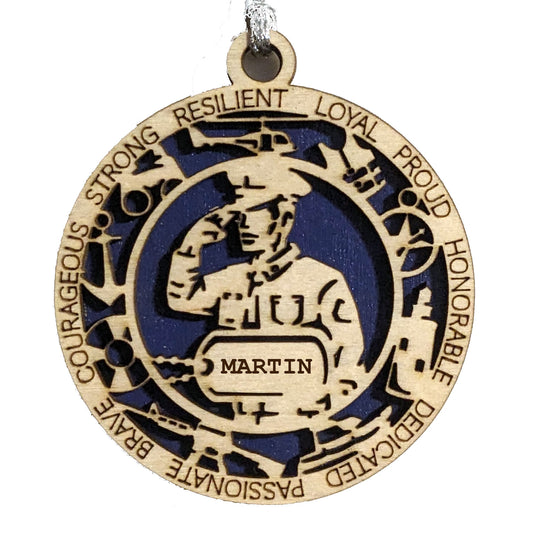 Male Coast Guard Christmas Ornament - 3" Wooden Laser Cut with Custom Dog Tags - Men in Dress Uniform - Handmade in USA