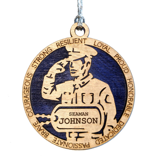 Male Coast Guard Christmas Ornament - 3" Wooden Laser Cut with Custom Dog Tags - Men in Formal Uniform - USA Made