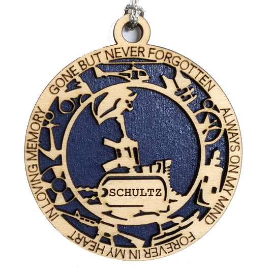 Personalized Coast Guard Memorial Ornament - Handcrafted Wood Christmas Tree Decoration with Custom Dog Tags