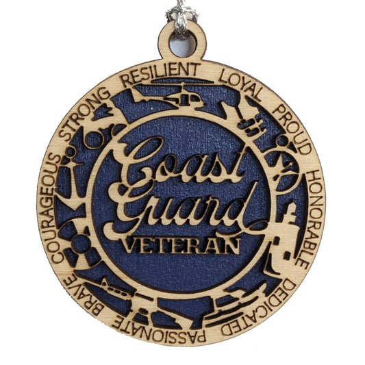 Handmade Coast Guard Veteran Ornament - 3" Wood Christmas Decor with Military Symbols - Made in Oregon, USA