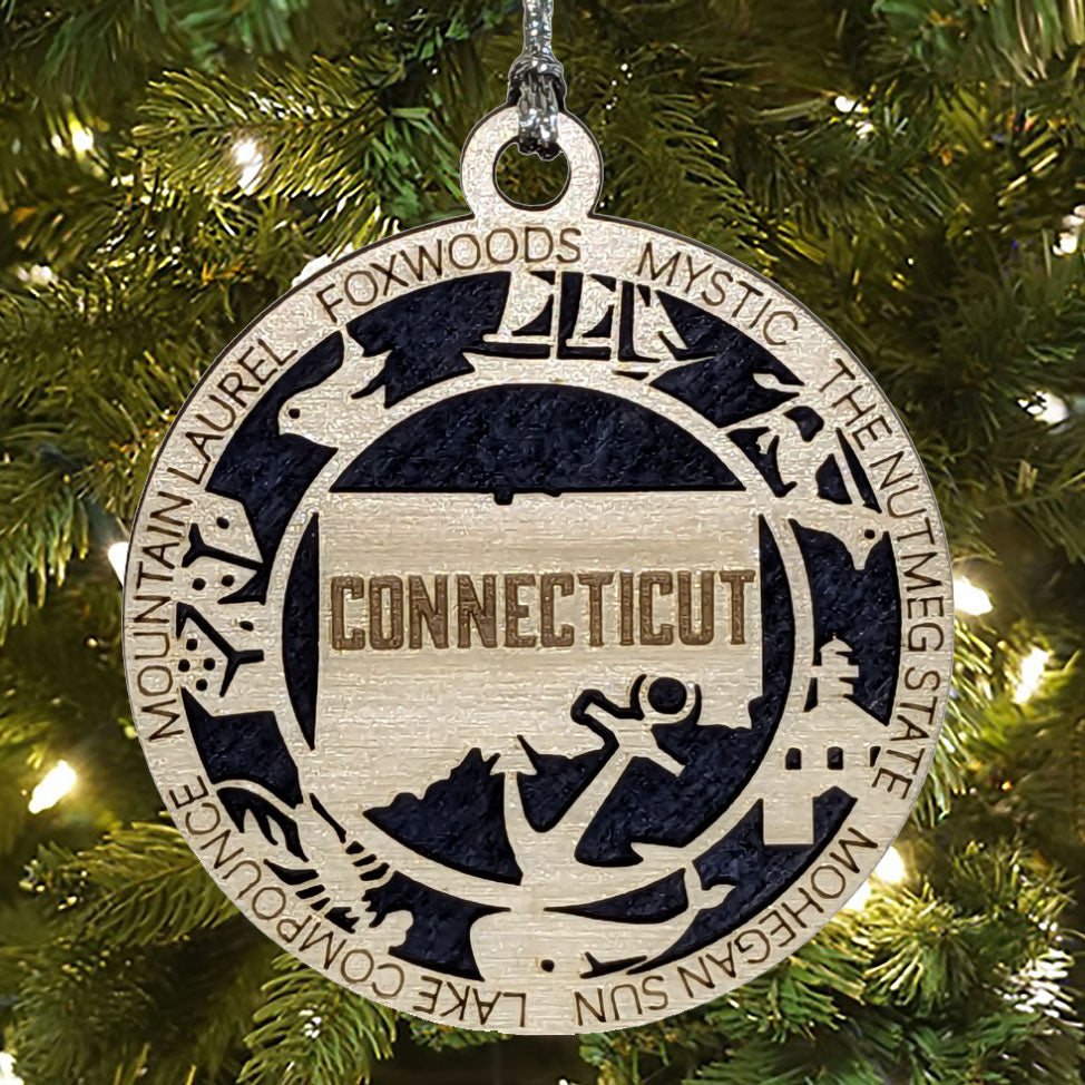 Conneticut State Pride 3D Wood Laser Cut Ornament: Featuring Iconic Conneticut Symbols and Custom Background Colors