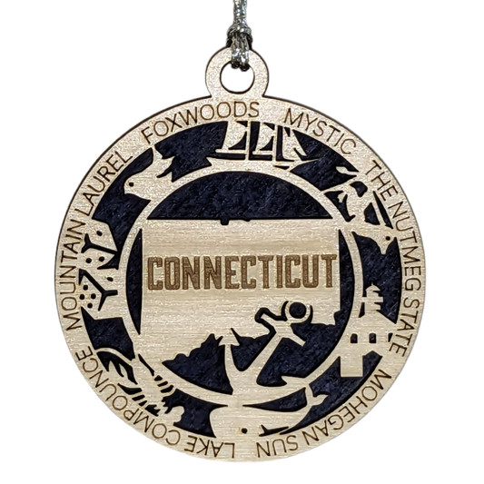 Conneticut State Pride 3D Wood Laser Cut Ornament: Featuring Iconic Conneticut Symbols and Custom Background Colors
