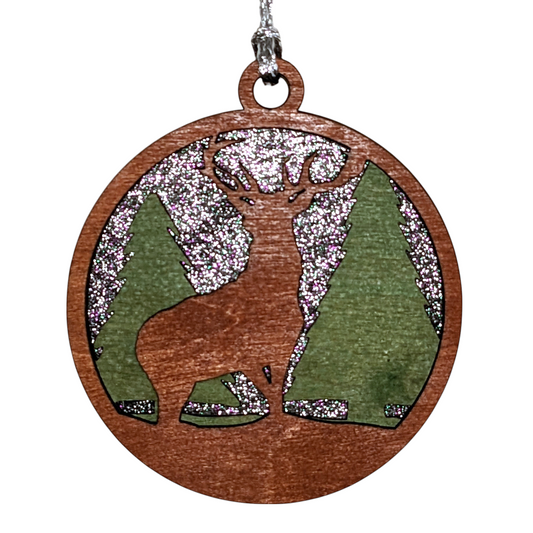 Rustic Wooden Deer Forest Christmas Ornament - 3" Laser Cut 3-Layer Design with Glitter Night Sky - Handmade in Oregon, USA