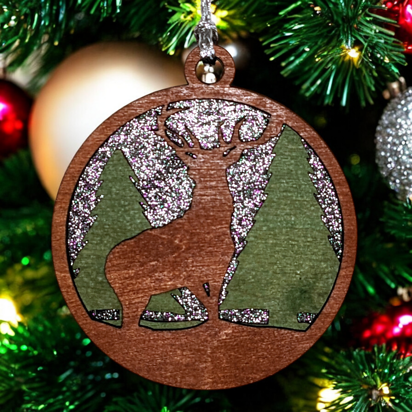 Rustic Wooden Deer Forest Christmas Ornament - 3" Laser Cut 3-Layer Design with Glitter Night Sky - Handmade in Oregon, USA