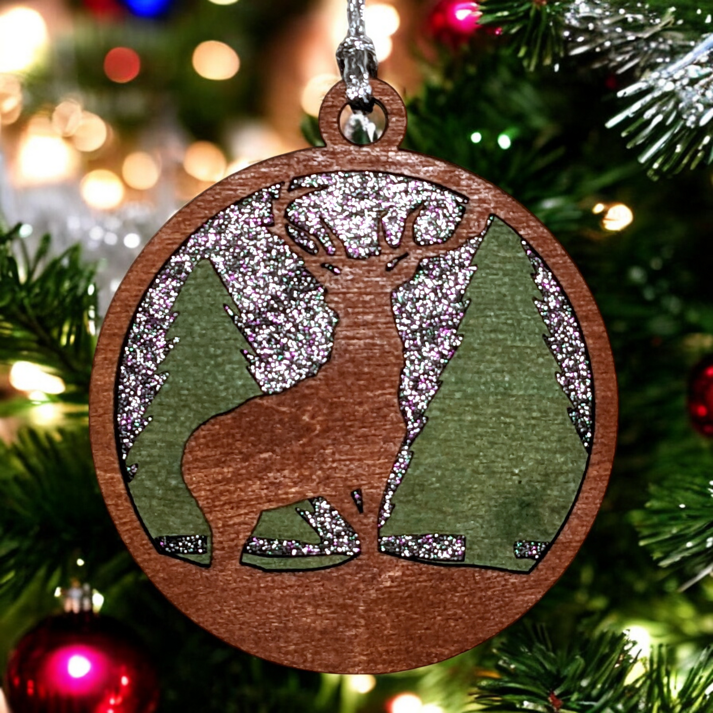 Rustic Wooden Deer Forest Christmas Ornament - 3" Laser Cut 3-Layer Design with Glitter Night Sky - Handmade in Oregon, USA