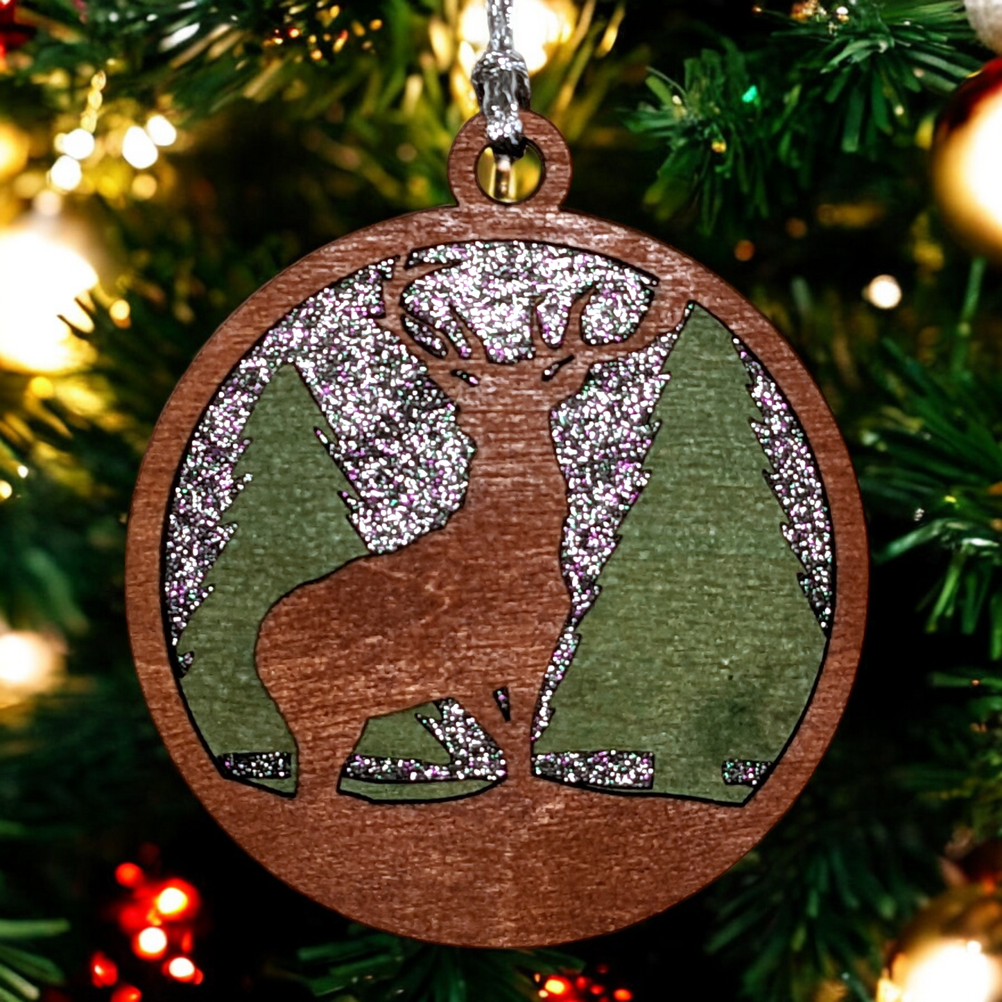 Rustic Wooden Deer Forest Christmas Ornament - 3" Laser Cut 3-Layer Design with Glitter Night Sky - Handmade in Oregon, USA