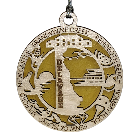 Delaware State Pride 3D Wood Laser Cut Ornament: Featuring Iconic Delaware Symbols and Custom Background Colors