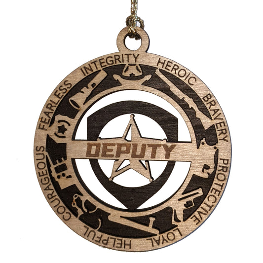 3" Handcrafted Wooden Deputy Christmas Ornament with Cut Background and 5-Point Star Badge - Custom Law Enforcement Holiday Decor